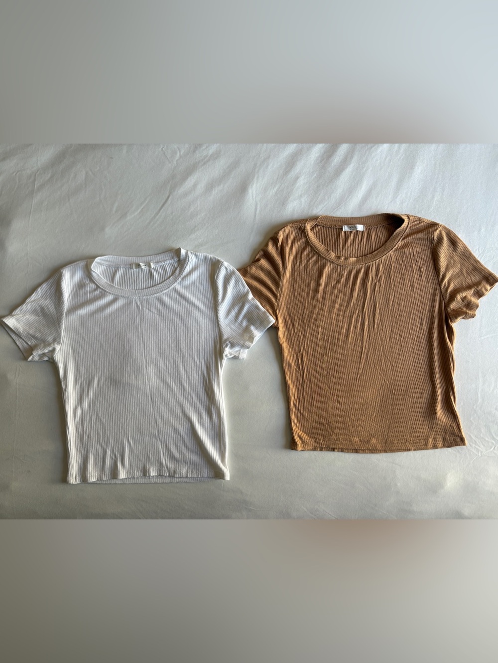 Active Basic White & Tan Ribbed Crop Tee Bundle Basic Layering Casual